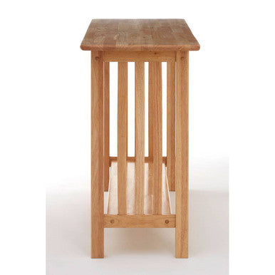 Light brown wooden natural rectangular console table with vertical slats and a lower shelf for storage