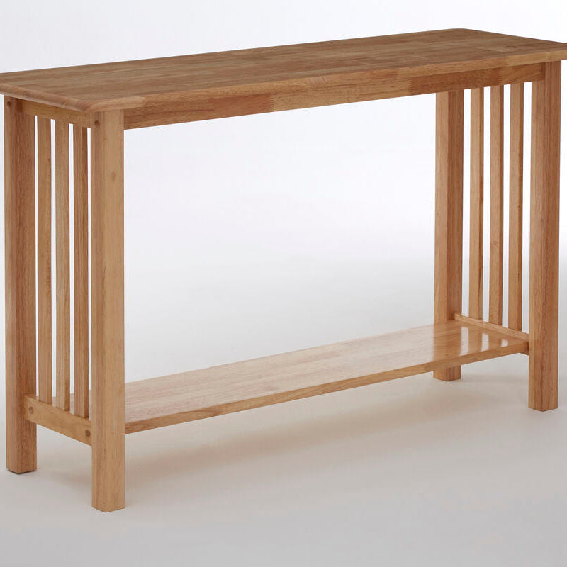 Selby natural rectangular console table in light oak with vertical slats and a lower shelf for extra storage