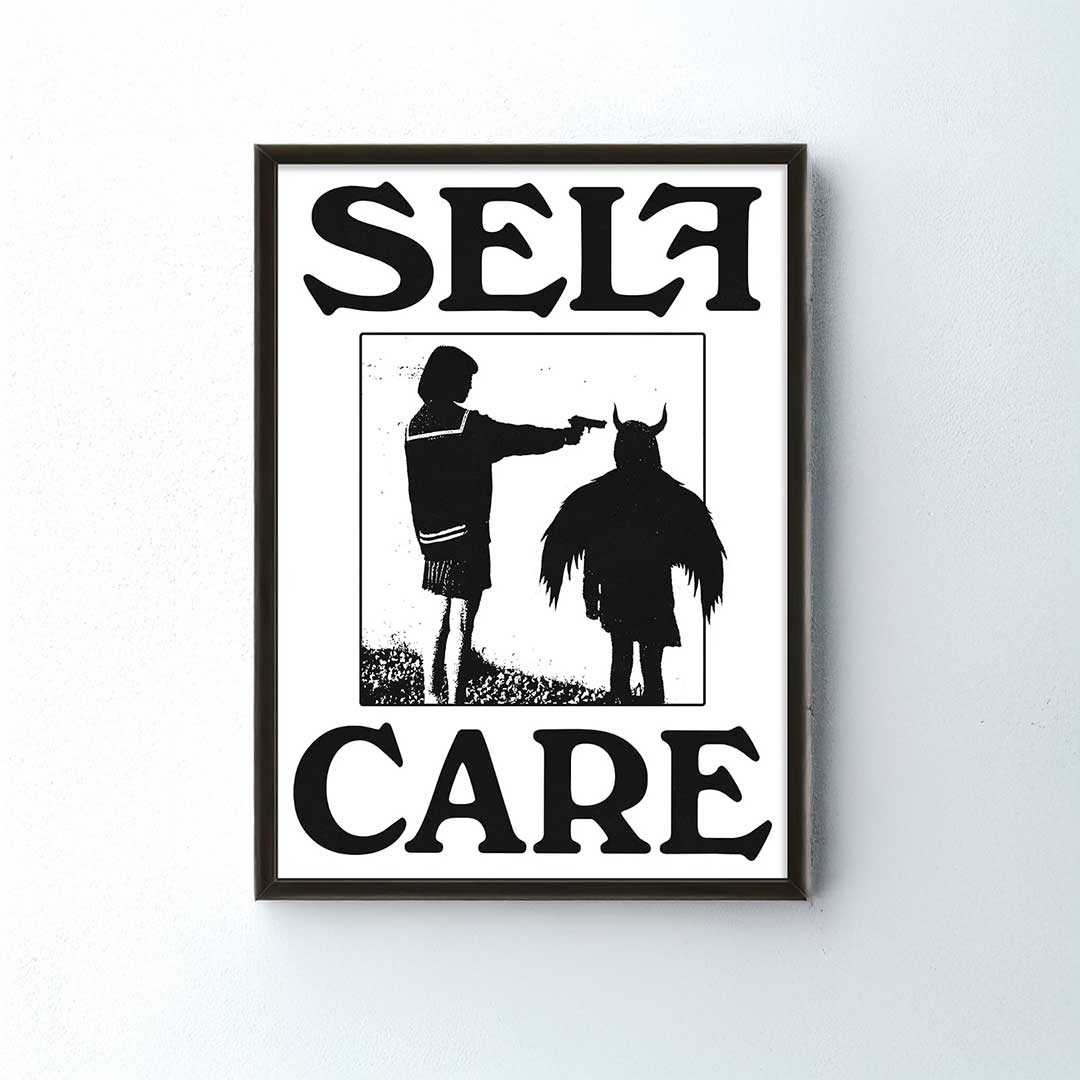 Black-framed self care print with bold black text and white background featuring two figure silhouettes in illustration