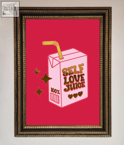 Pink cartoon love juice foil carton with gold straw and self love juice text on vibrant red background juice foil print