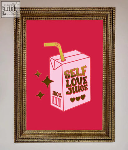 Pink cartoon love juice foil print carton with gold text and straw framed in an ornate golden border