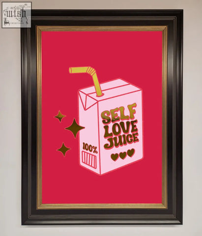 Pink cartoon love juice foil print with gold text and straw framed in black for self love juice decor
