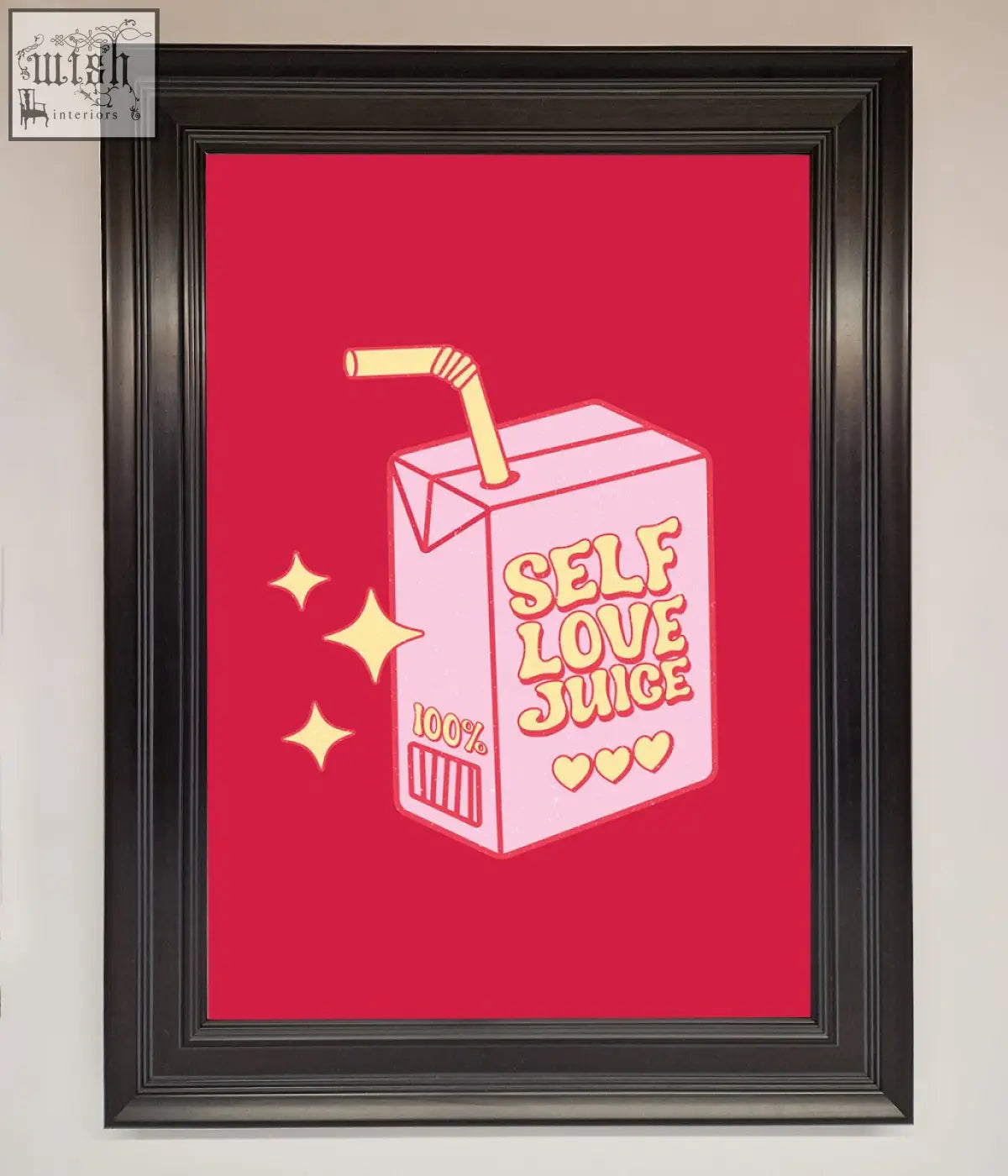 Pink cartoon juice carton with yellow straw and self love juice text in black framed self love juice poster