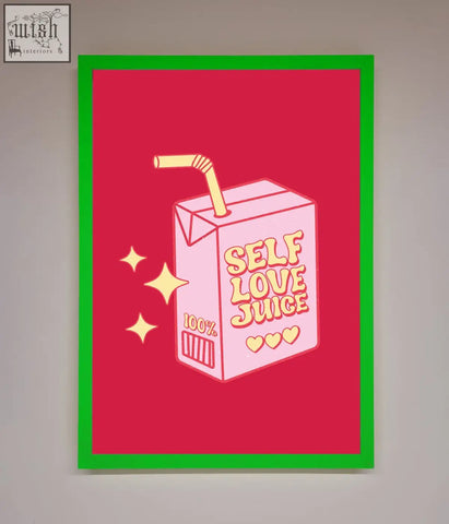 A vibrant pink cartoon juice carton with a yellow straw and self love juice text in a bright green frame on red background poster