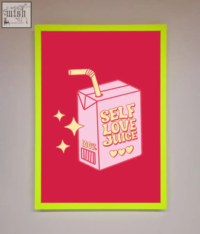A vibrant pink cartoon juice box with yellow straw and self love juice text in a neon green framed poster