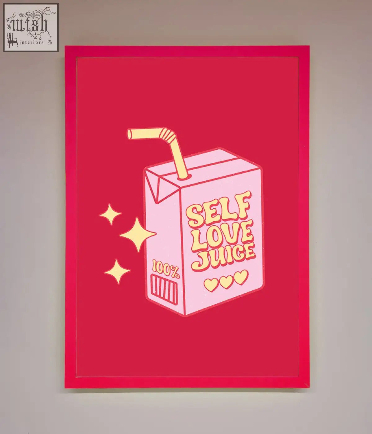 A pink illustrated carton of self love juice with a yellow straw and hearts on a vibrant red framed poster