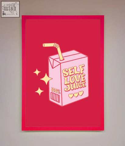 A pink illustrated carton of self love juice with a yellow straw and hearts on a vibrant red framed poster