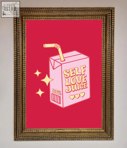 Self love juice framed poster featuring a pink cartoon juice carton with yellow straw in an ornate gold frame