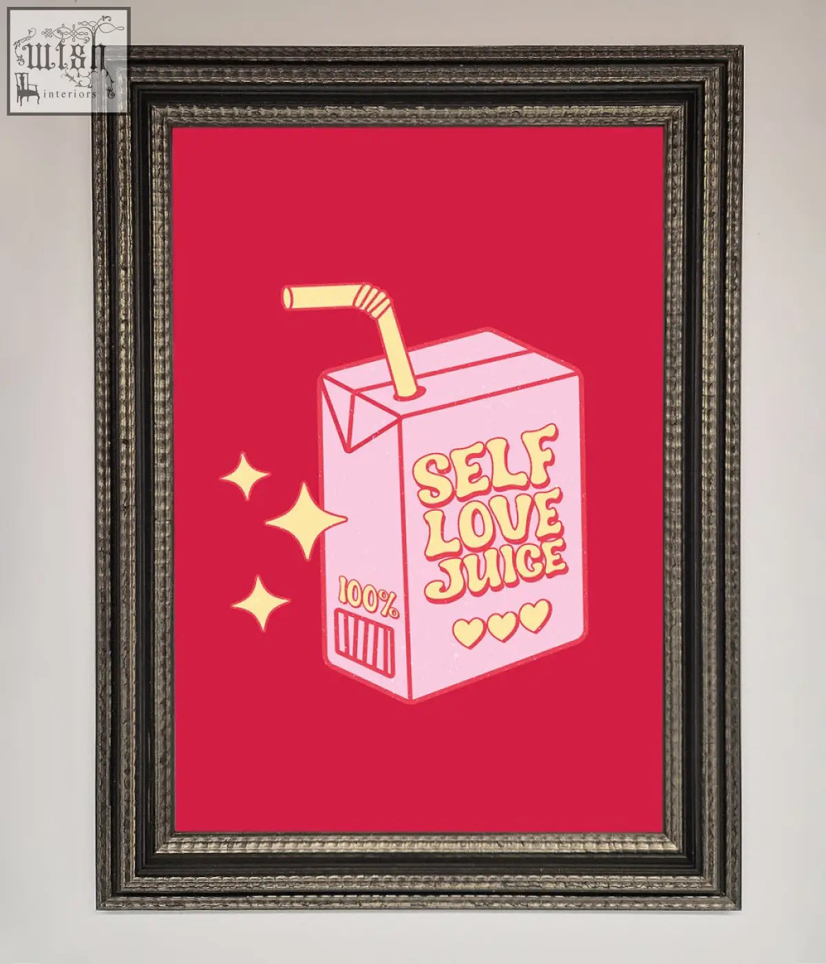 Pink cartoon juice carton poster with yellow straw and self love juice text plus three hearts design