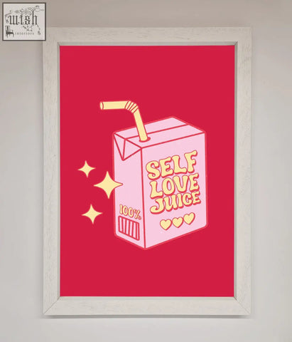 Pink cartoon juice carton with yellow straw and self love juice text on vibrant red background framed poster