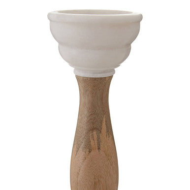 White ceramic sena candle holder with mango wood handle perfect as a stylish candle holder with white marble look