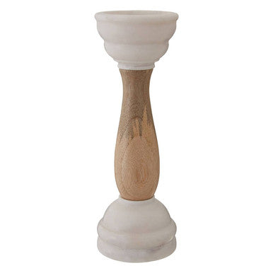 Sena candle holder made of white marble with a light mango wood stem for stylish decor and lighting