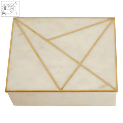 Sena large white marble trinket box with a gold geometric lattice design on a rectangular marble trinket lid