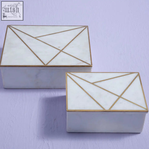 Sena large white marble trinket box with rectangular shape and gold geometric line detailing for stylish storage