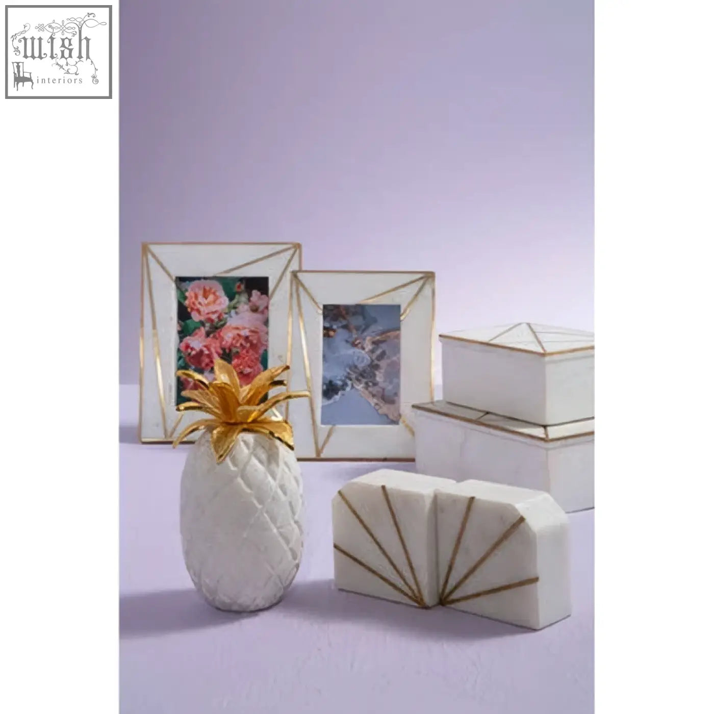 Sena large white marble trinket box with a white ceramic pineapple vase featuring gold leaf accents and quilted texture