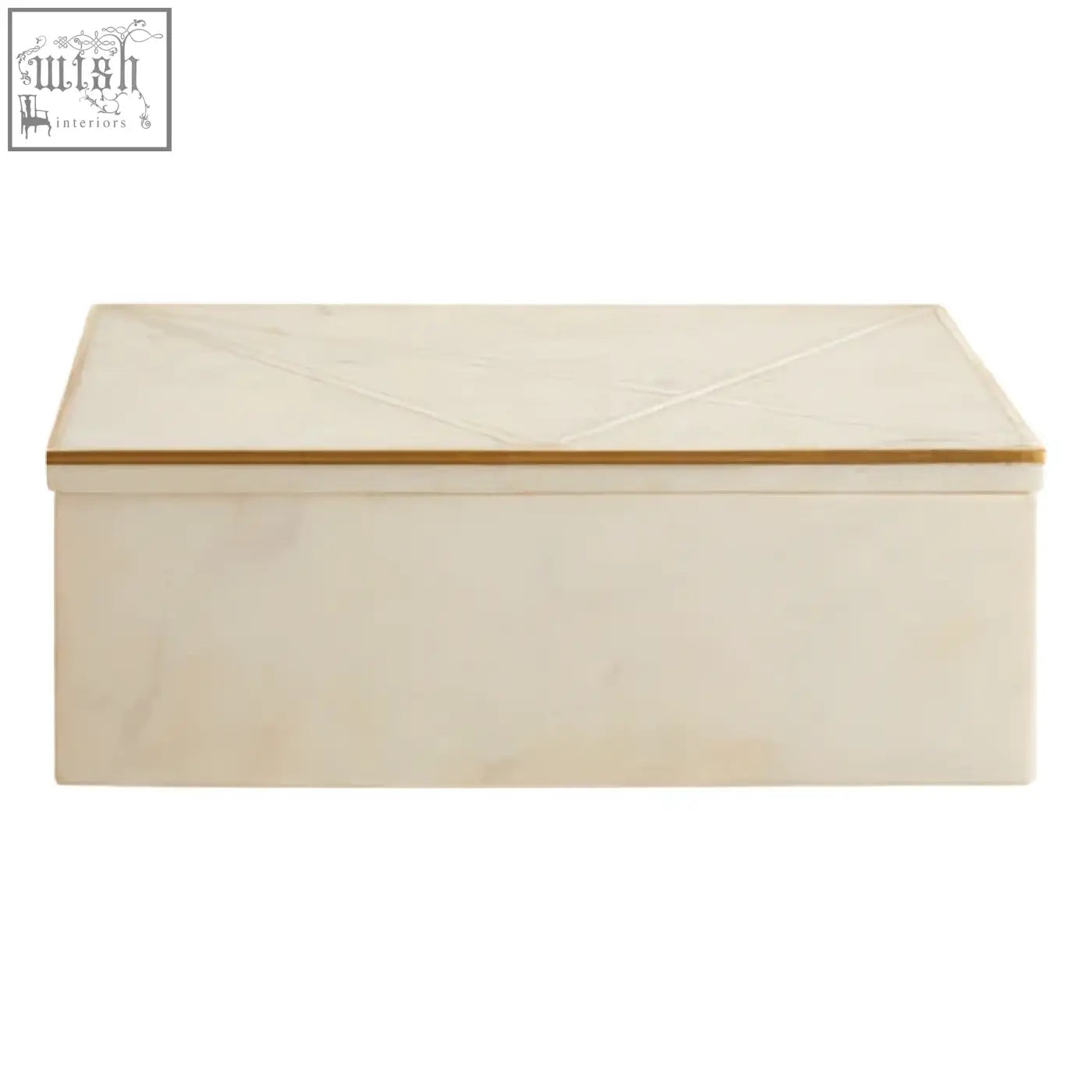 Sena large white marble trinket box in cream with gold trim and subtle geometric pattern on the lid