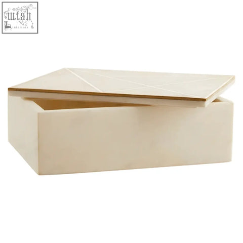 Sena large white marble trinket box with cream rectangular shape and hinged lid featuring geometric inlay lines