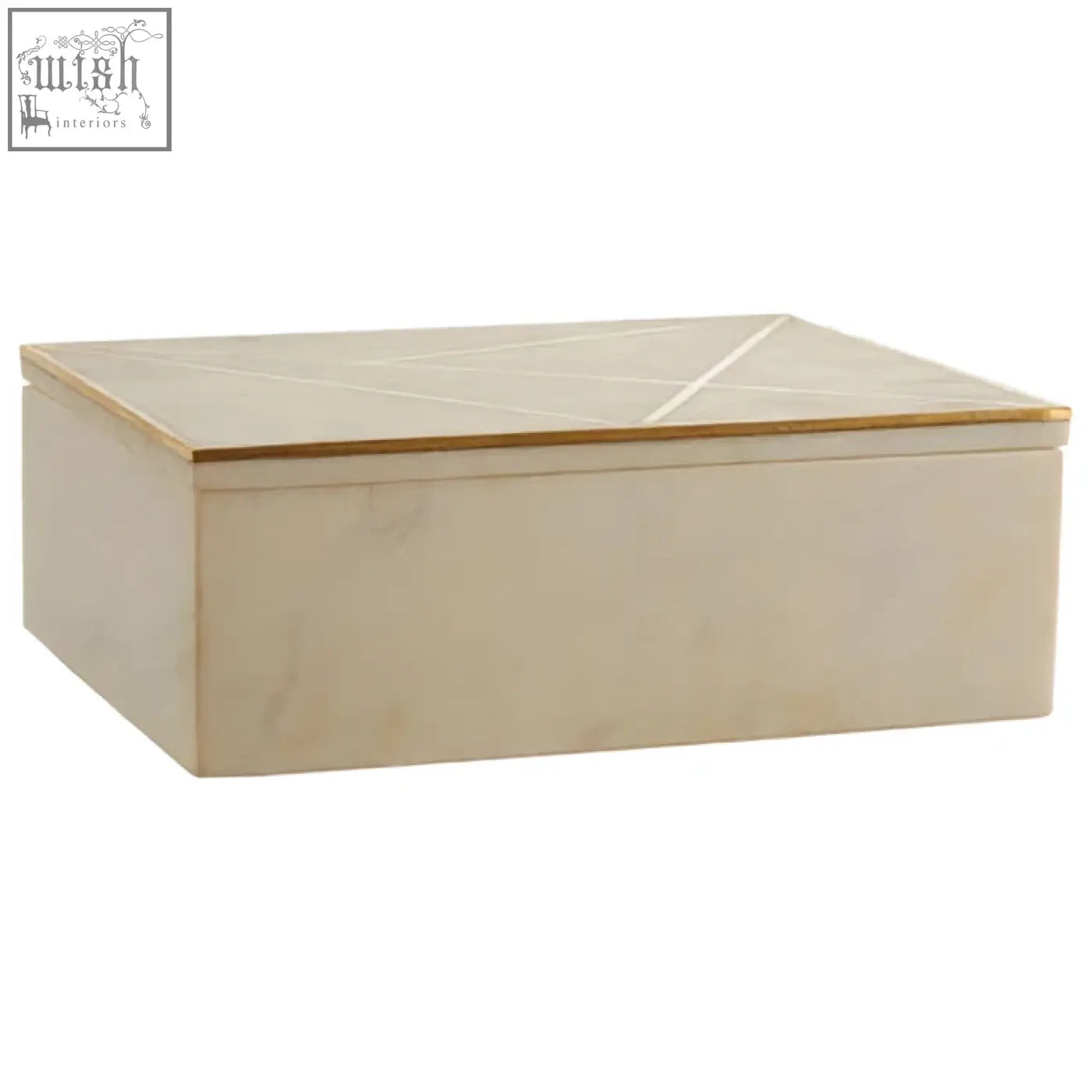 Sena large white marble trinket box with cream rectangular shape and gold trimmed geometric patterned lid
