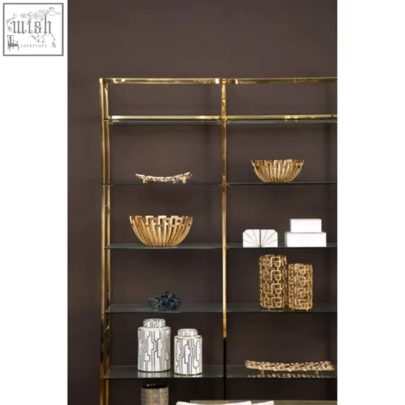 Gold-toned metal shelving unit with a modern minimalist design paired with sena large white marble trinket box