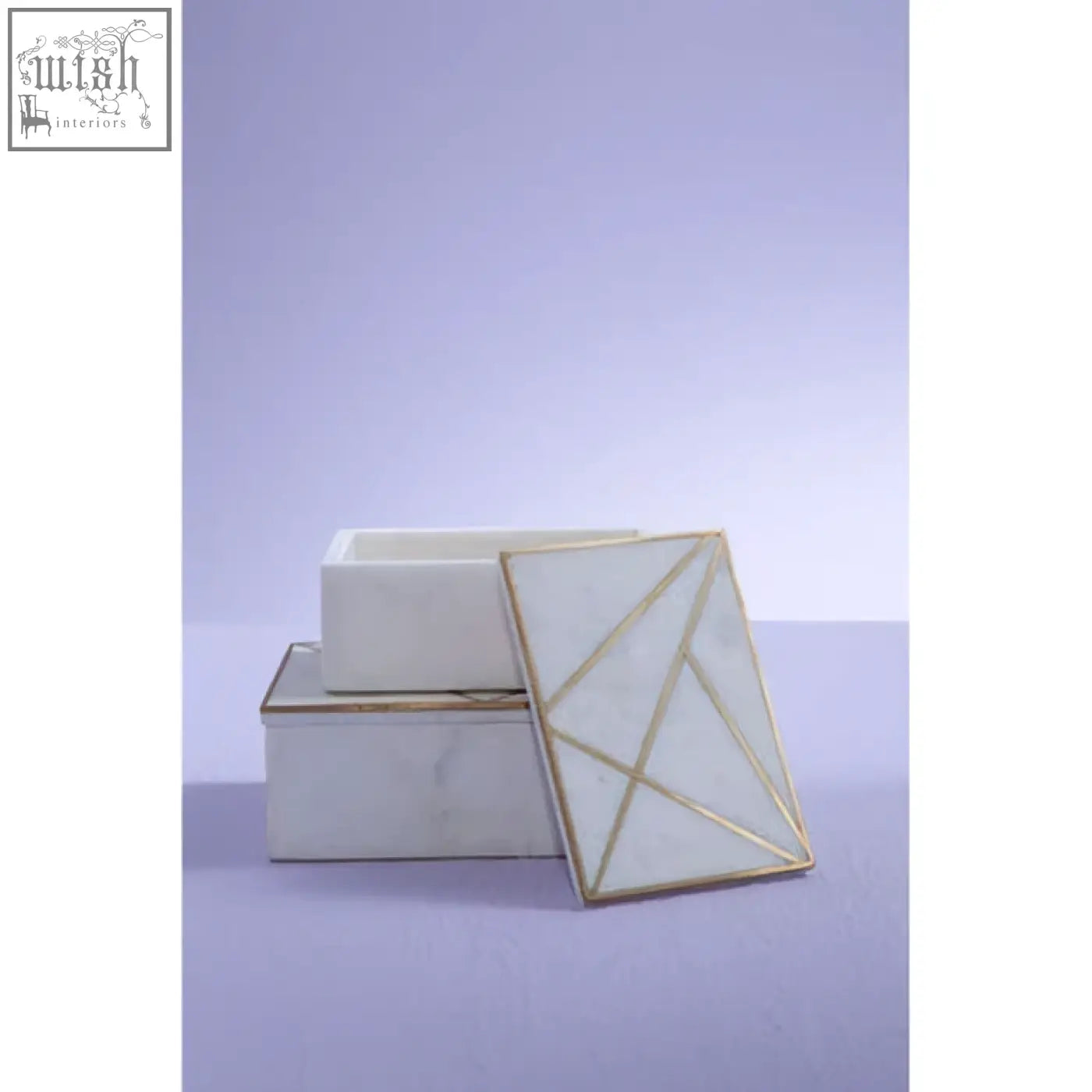 Sena large white marble trinket box with gold geometric inlay and mirrored lid for stylish storage
