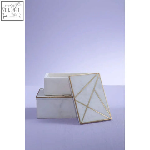 Sena large white marble trinket box with gold geometric inlay and mirrored lid for stylish storage