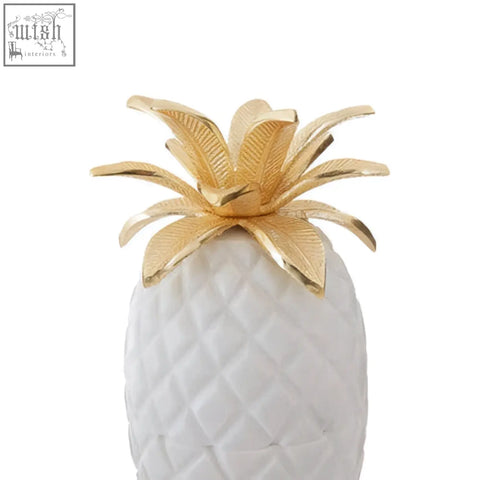 White marble sena pineapple jar with gold leafy top decorative white pineapple jar for stylish storage