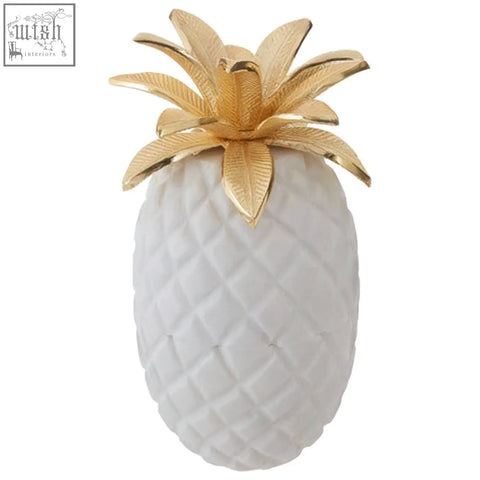 White marble sena pineapple jar with gold leafy top decorative object for stylish home decor