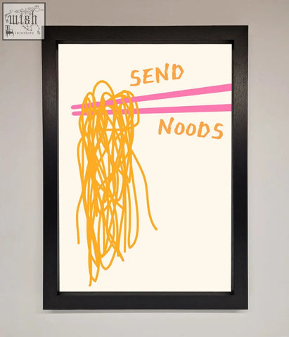A send noods framed poster featuring playful orange noodles with pink chopsticks and orange send noods text