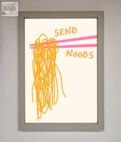 A send noods framed poster with orange noodles held by pink chopsticks and matching send noods text