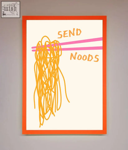 Send noods framed poster with orange frame featuring cartoon yellow noodles held by pink chopsticks and send noods text
