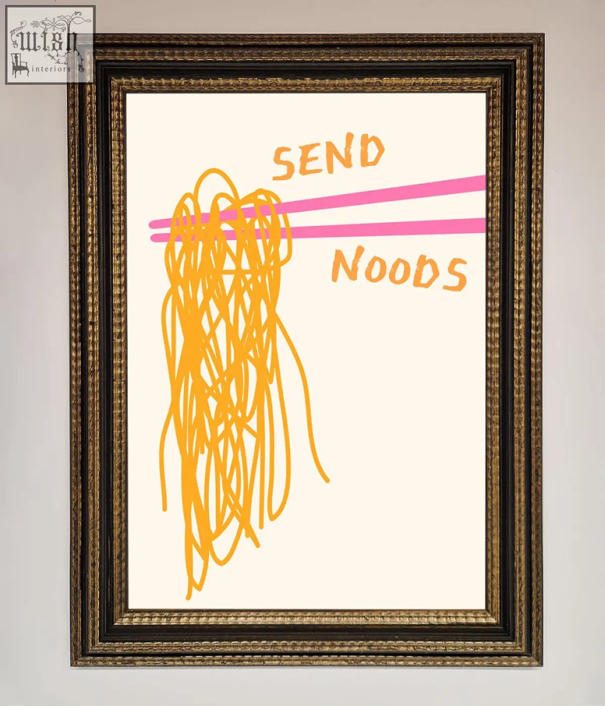 A send noods framed poster with orange noods doodle held by pink chopsticks and matching orange text