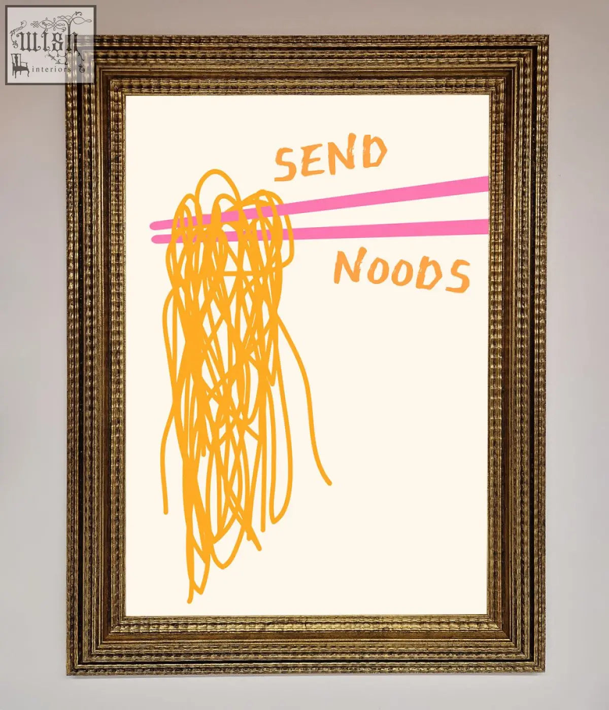 A send noods framed poster showing playful orange noodles held by pink chopsticks with send noods text in orange
