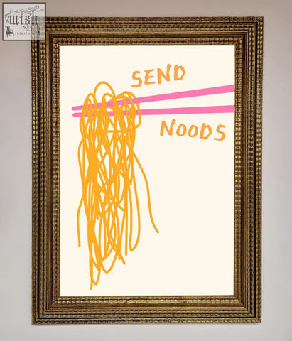 A send noods framed poster showing playful orange noodles held by pink chopsticks with send noods text in orange