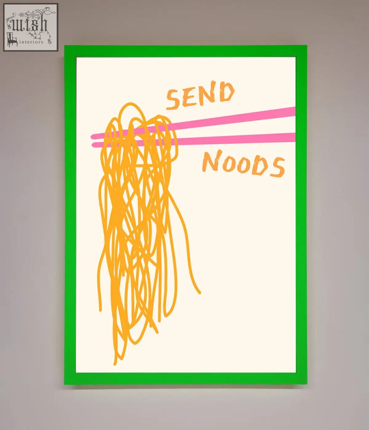 A send noods framed poster showing a playful orange noodles illustration held by pink chopsticks with send noods text