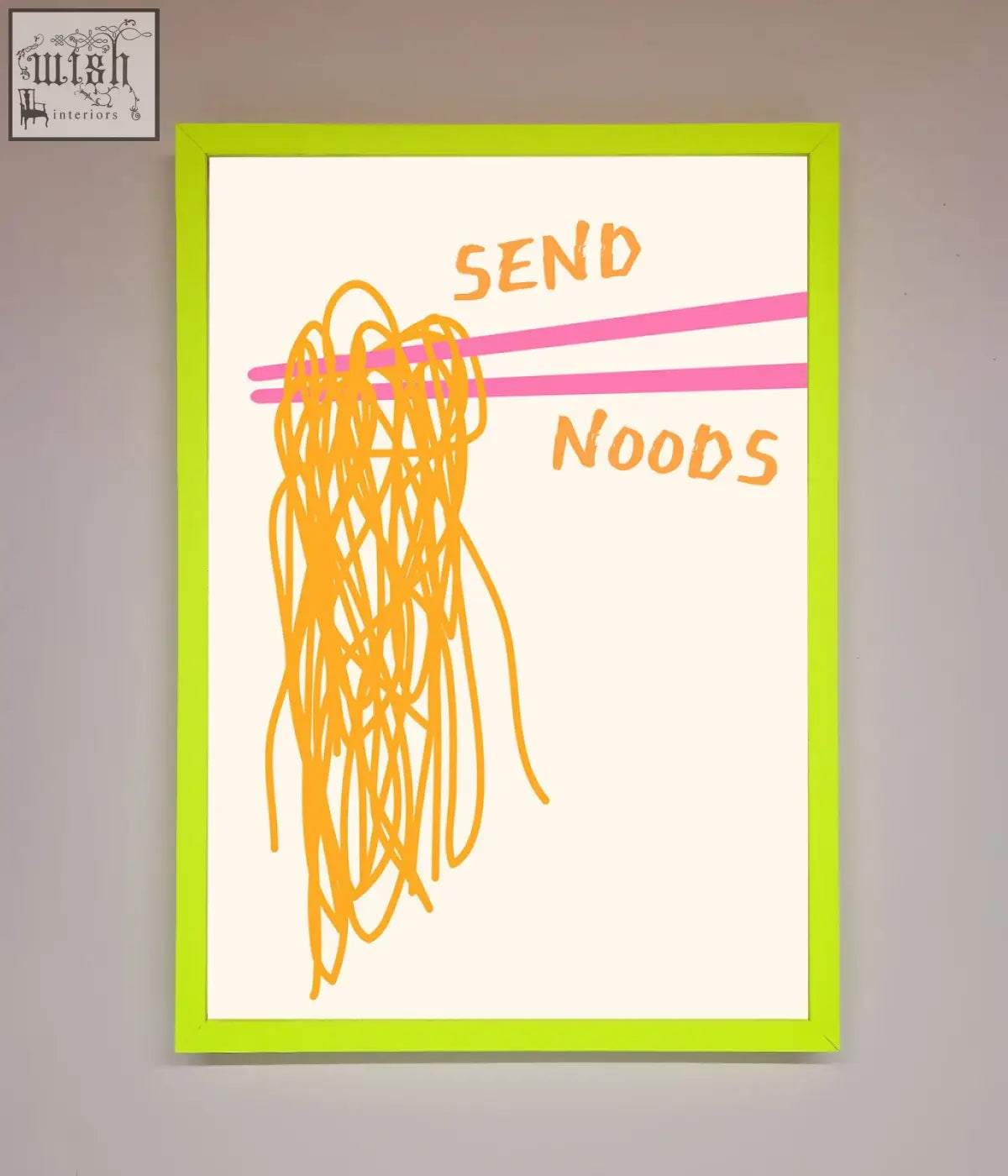A send noods framed poster with orange noodle illustration held by pink chopsticks and a lime green border