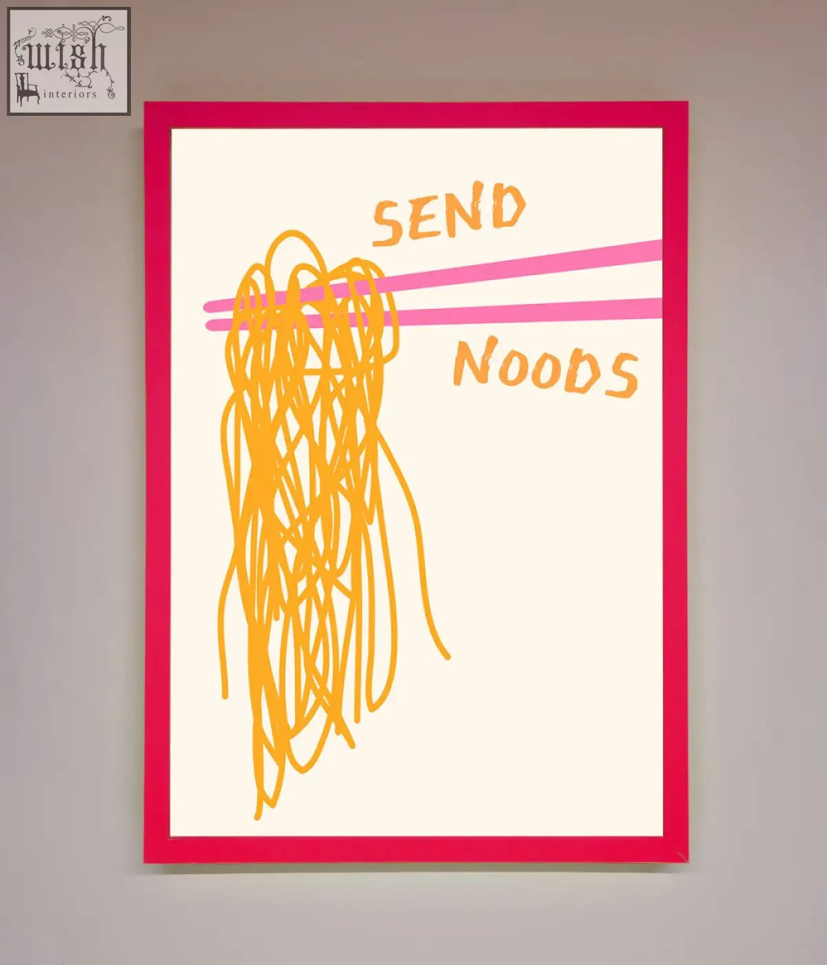 A send noods framed poster with a cartoon yellow noodles held by pink chopsticks and orange send noods text