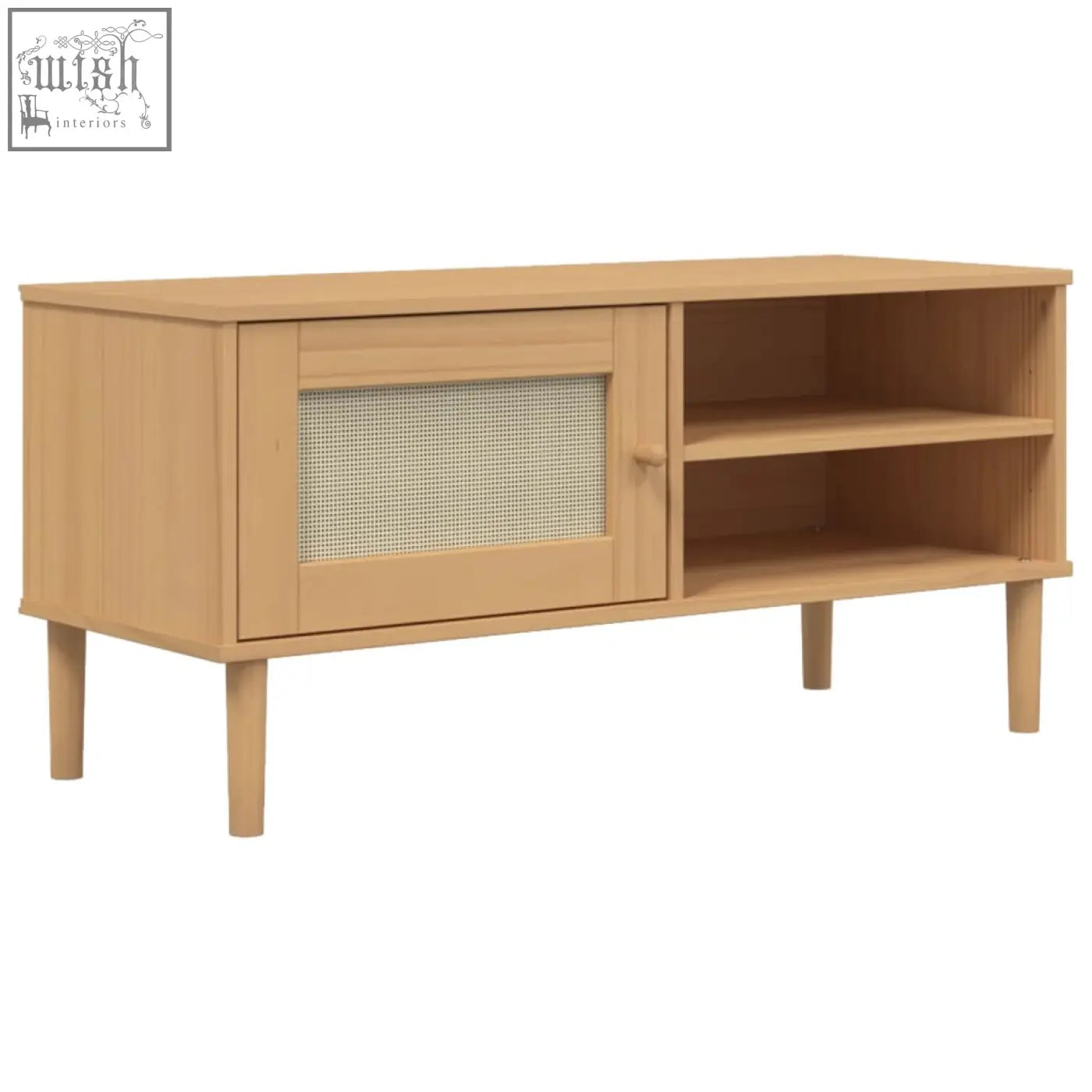 Light oak wood tv cabinet senja pinewood 106cm with woven cane panel door and open shelving for rustic charm