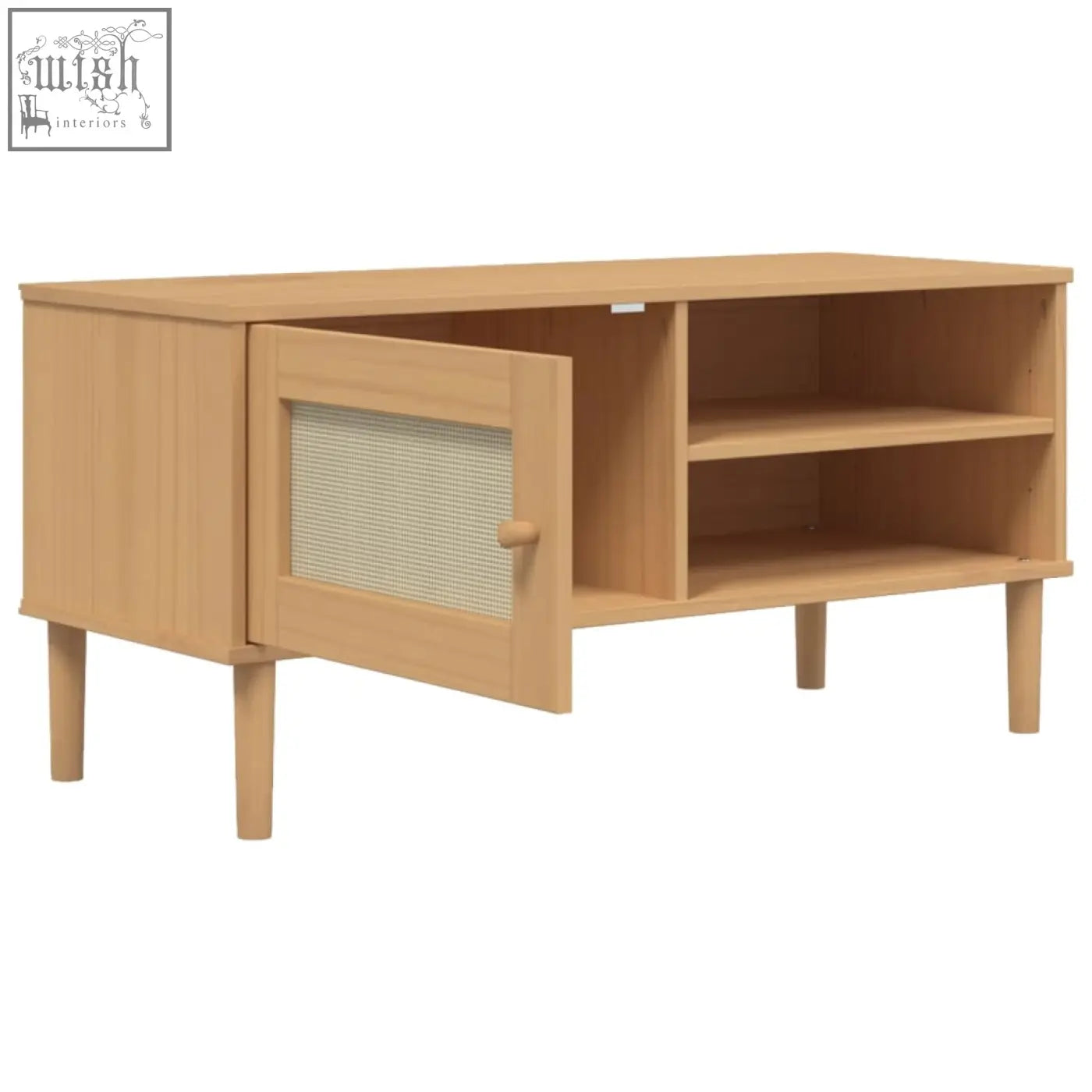 Senja pinewood 106cm wood tv cabinet with light wood finish woven cane panel and rustic charm open shelving