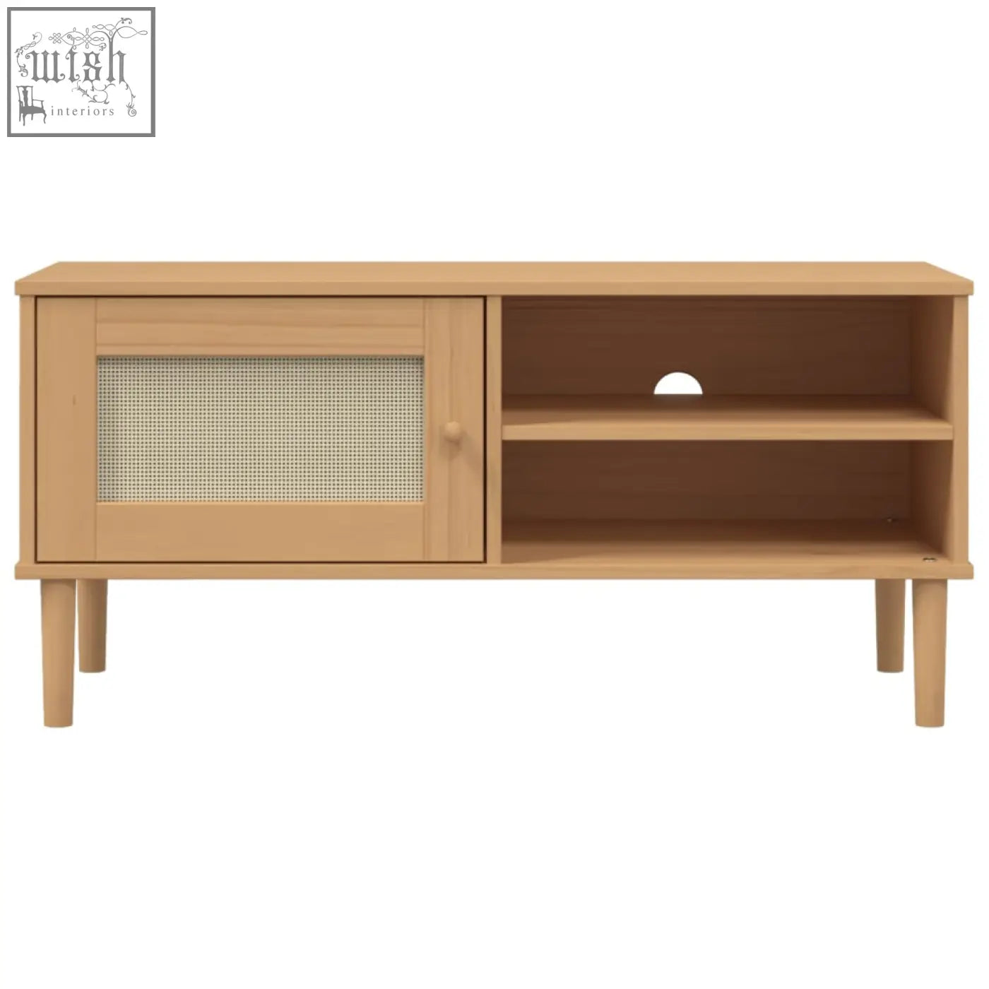 Light wood finished wood tv cabinet senja pinewood 106cm with cane woven panel door and rustic charm shelving