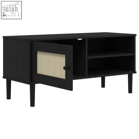 Black wood tv cabinet senja pinewood 106cm with cane panel door and open shelving for rustic charm living rooms