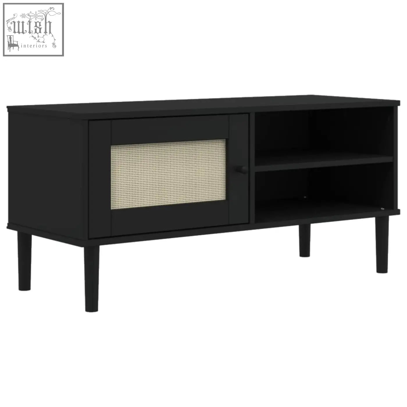 Black wood tv cabinet senja pinewood 106cm with cane-paneled door and open shelving for rustic charm