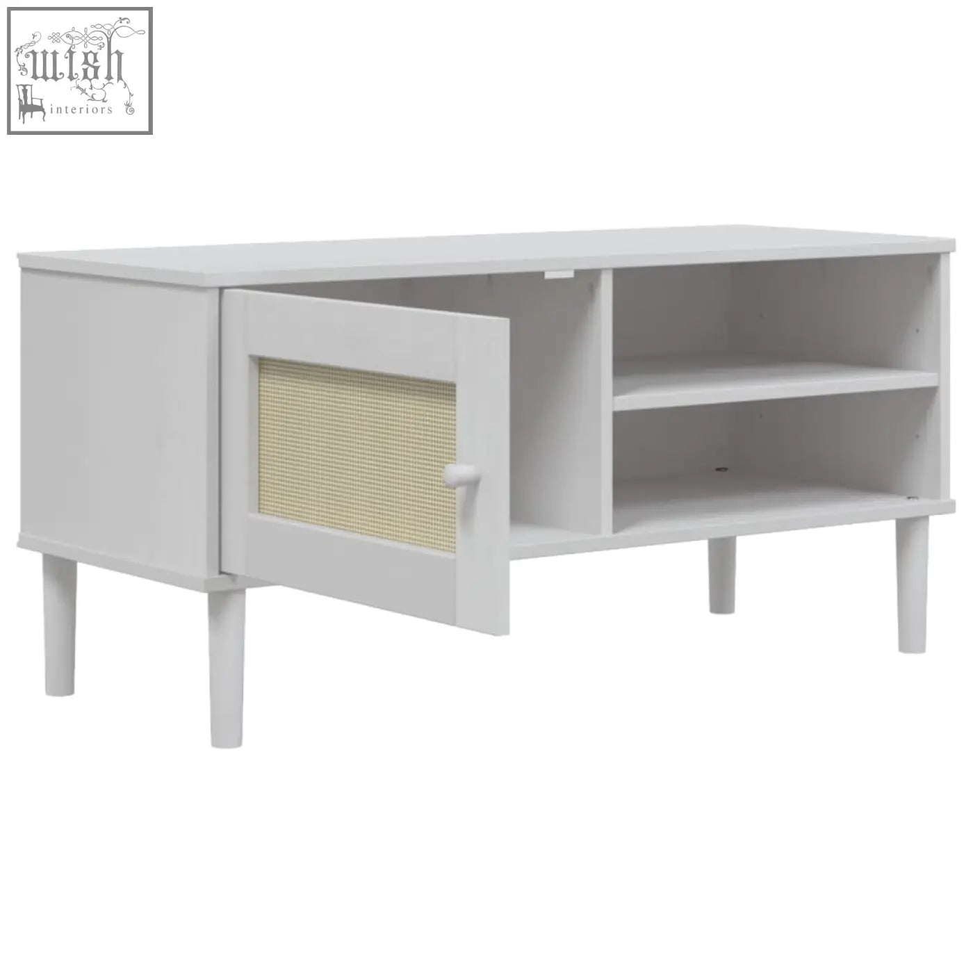 White painted wood tv cabinet senja pinewood 106cm with cane panel door and open shelving for rustic charm