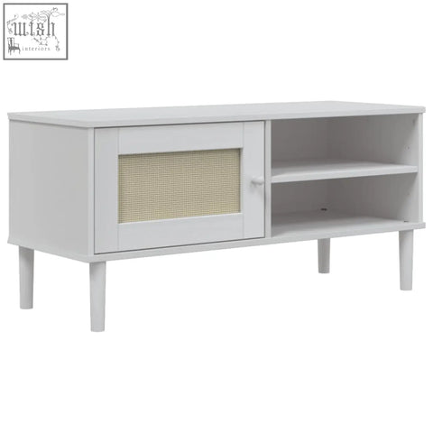 White wood tv cabinet senja pinewood 106cm with cane-paneled door and open shelving for rustic charm