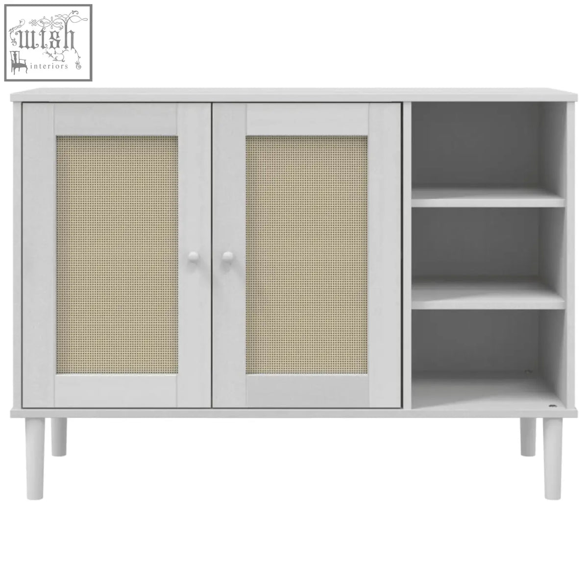 White senja pinewood sideboard with solid pine wood cane-paneled doors and open shelving for ample storage space