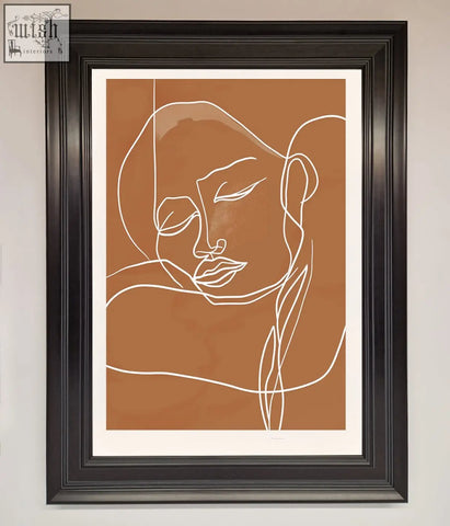 Black-framed sepia lines framed minimalist wall art with white line face on warm brown background for modern decor