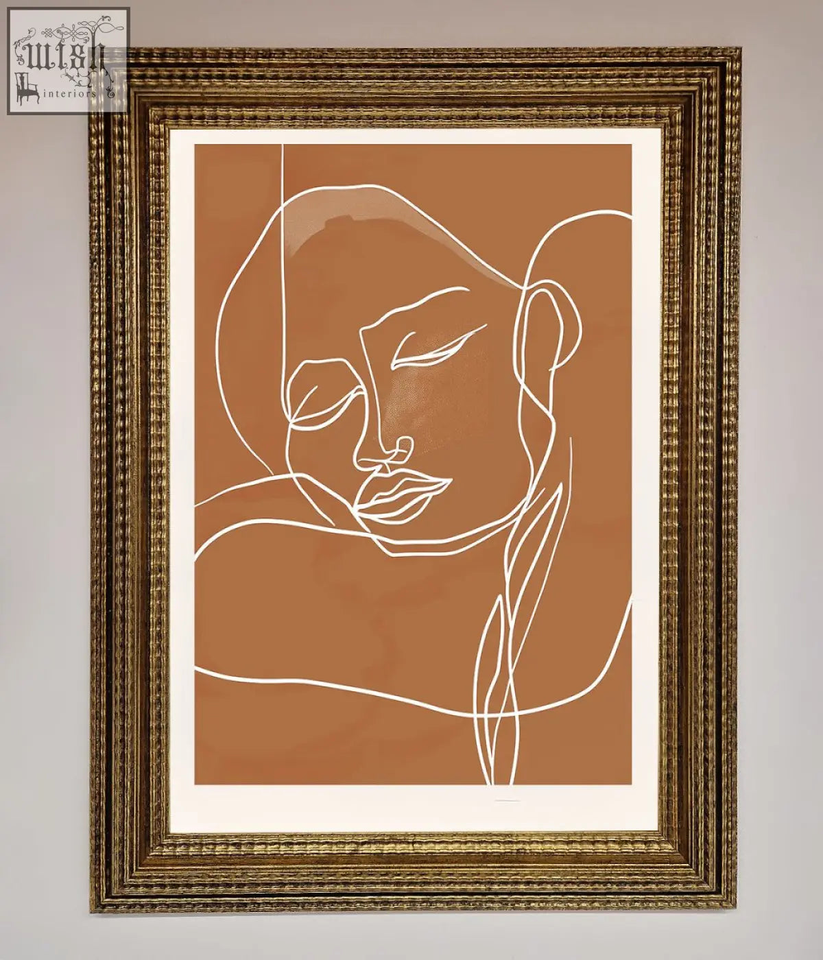 A sepia lines framed minimalist line-art portrait with delicate white outlines on a terracotta background wall art