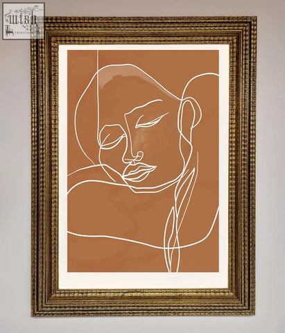 A sepia lines framed minimalist line-art portrait with delicate white outlines on a terracotta background wall art