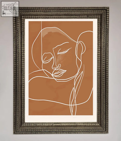 A minimalist sepia lines framed wall art with line art portrait in a dark textured frame perfect for modern decor