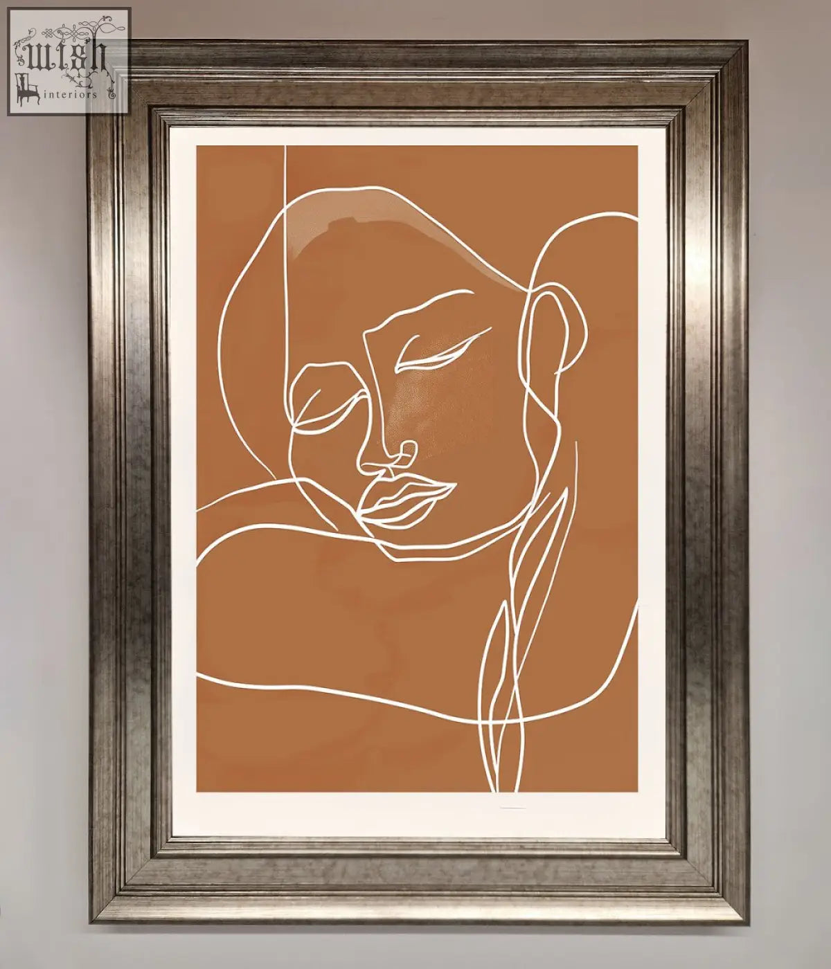 Minimalist sepia lines framed wall art with a serene white line-art face on terracotta background in silver frame