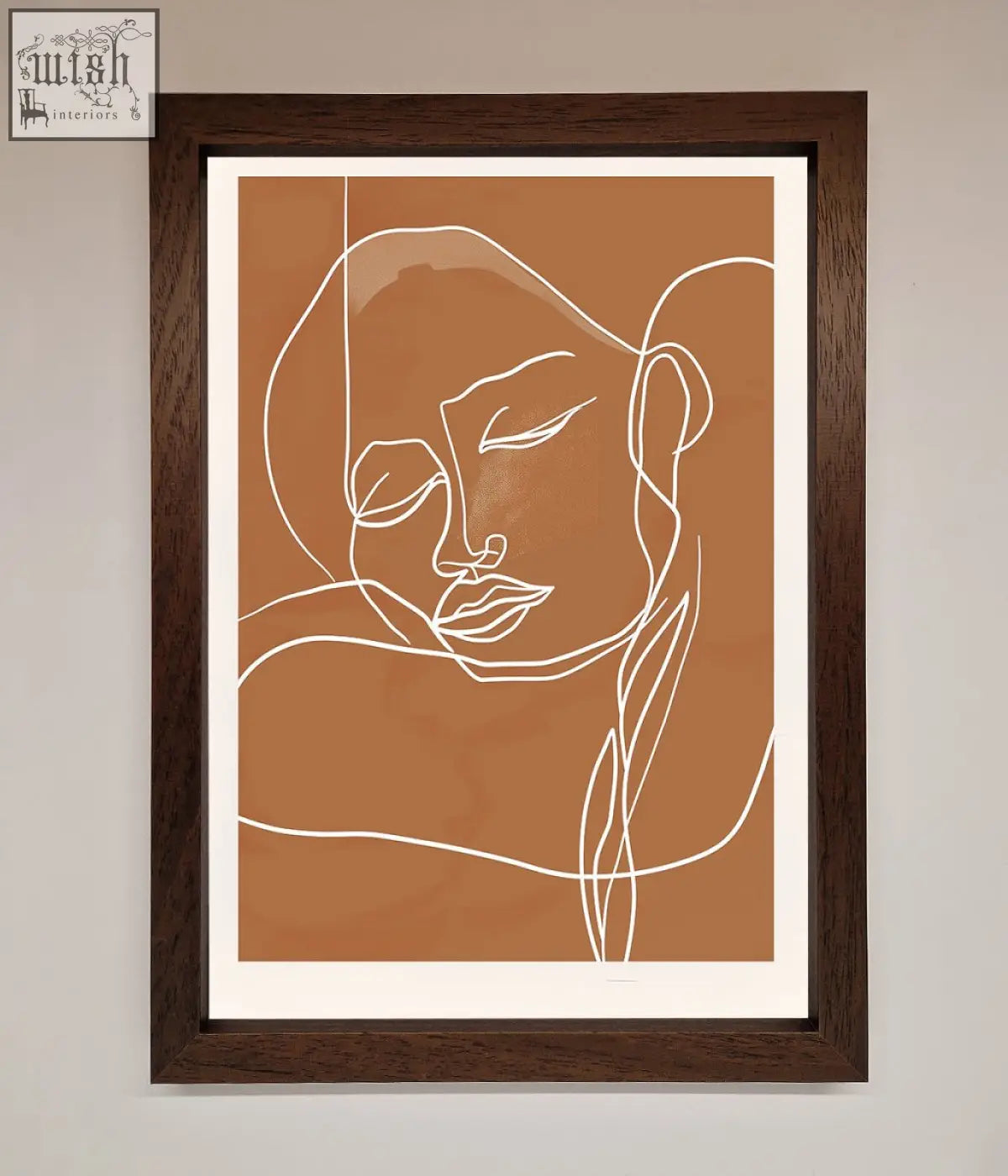A minimalist line-art portrait with white outlines on terracotta in a dark wood sepia lines framed wall art